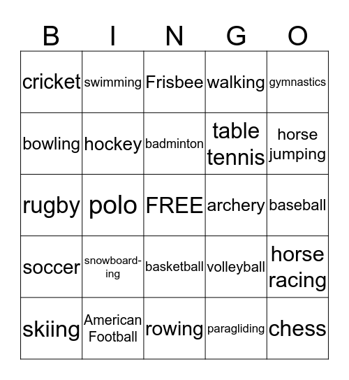 Sports Bingo Card