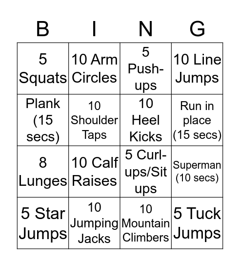 Exercise Bingo Card