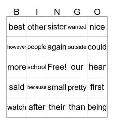 E-1 Sight Words Bingo Card