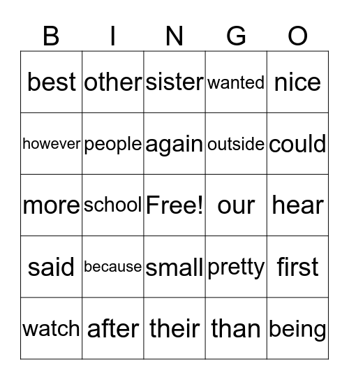 E-1 Sight Words Bingo Card
