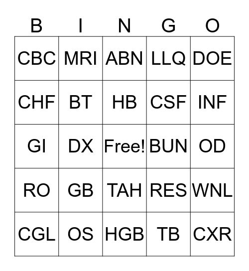 Medical Terminology Bingo Card