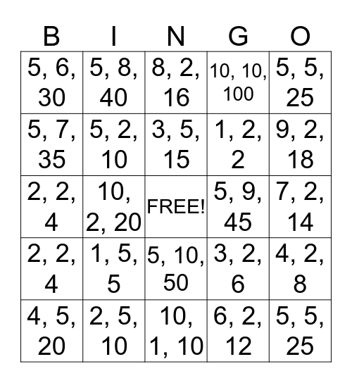 Fact Families Bingo Card