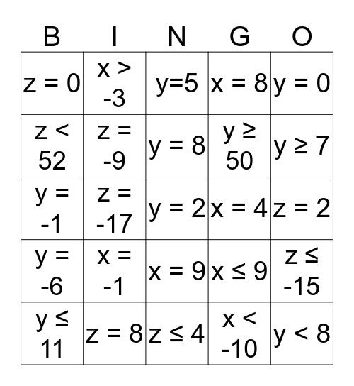 Equation/Inequality Bingo Card