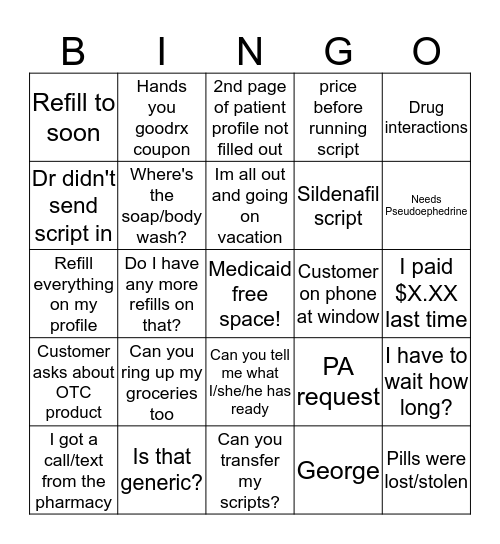 Pharmacy Bingo Card