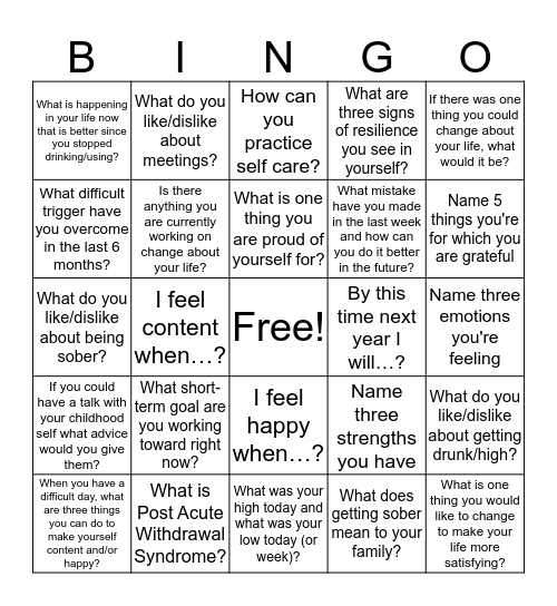 Recovery Bingo Card