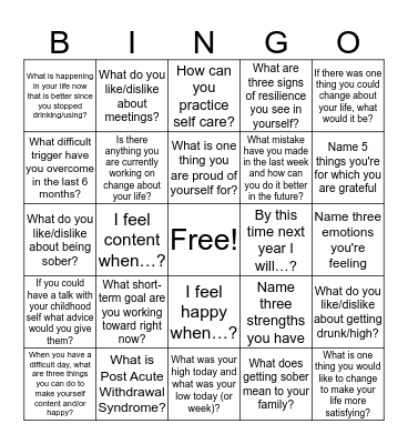 Recovery Bingo Card