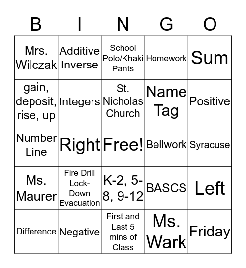 Math SS Bingo Card