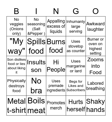 Kay's Cooking Bingo Card