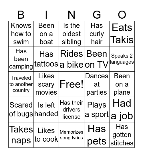 Getting to Know You Bingo Card