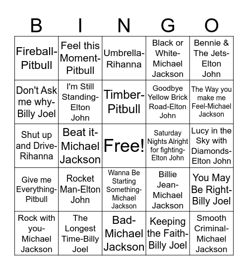 BB51 Pitbull/MJackson/Rihanna/Elton John! Bingo Card