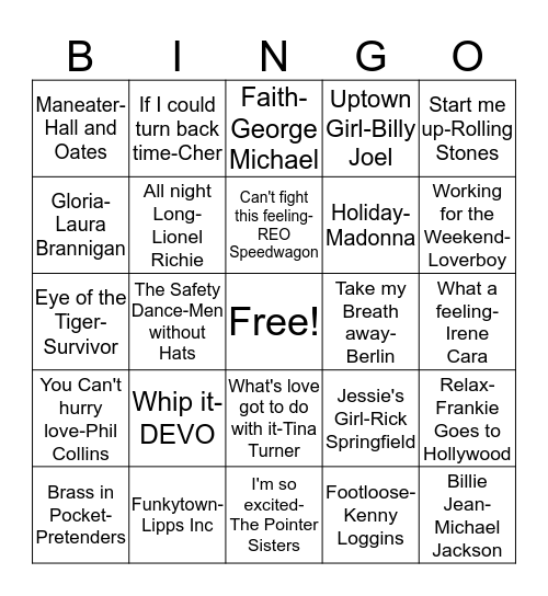 BB54 80's Explosion Bingo Card
