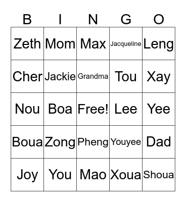 Lee Family Bingo Card
