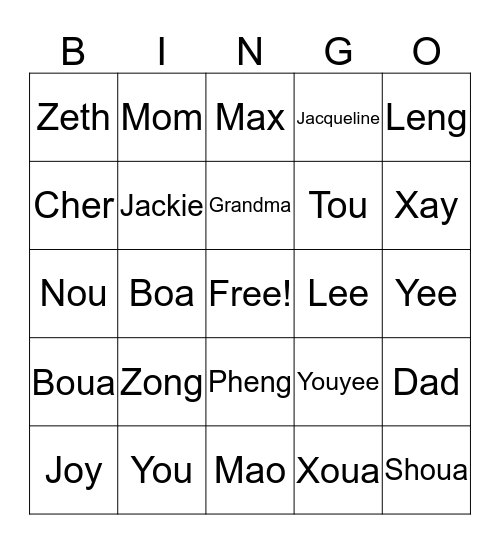 Lee Family Bingo Card