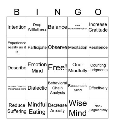DBT Mindfulness Review Bingo Card