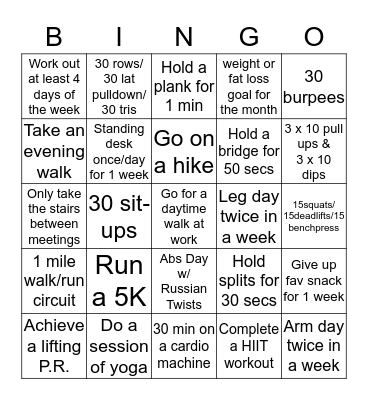 Fitness Bingo Card