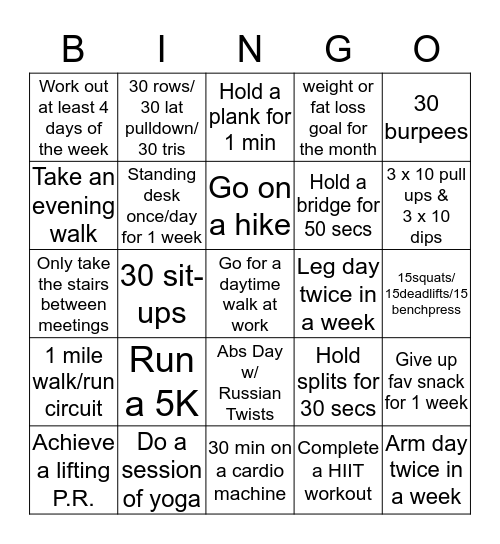 Fitness Bingo Card