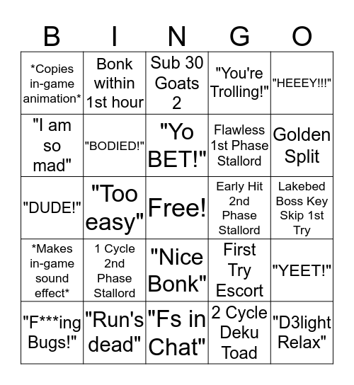 Speed Run Bingo Card