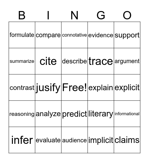 Academic Vocabulary Bingo Card