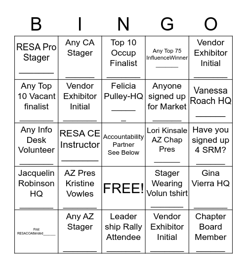 RESACON 2019 - ARIZONA BINGO  Bingo Card