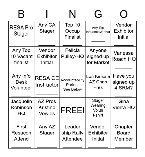 RESACON 2019 - ARIZONA BINGO  Bingo Card