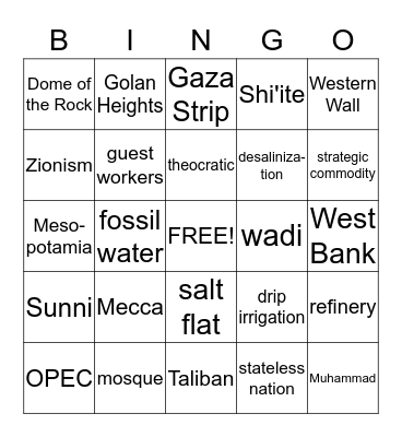 SW Asia Bingo Card