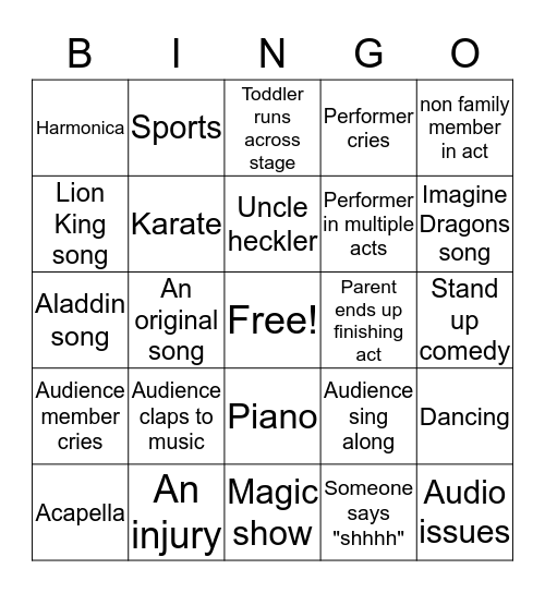 2019 Nordstrom Talent Show Bingo Card