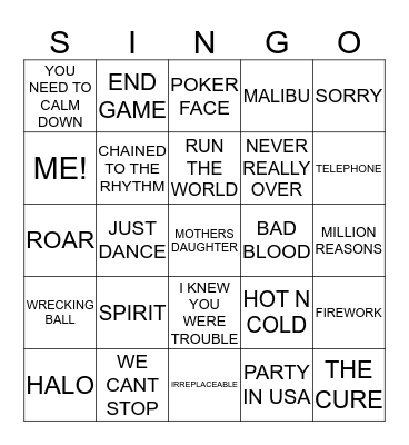 396 POP DIVAS Bingo Card