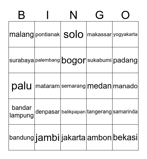 ENALUCAS99 - NAMA KOTA Bingo Card