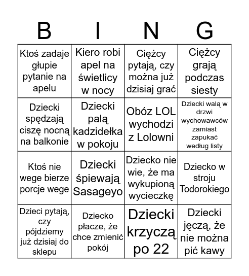 Dzieckowe Bingo Card