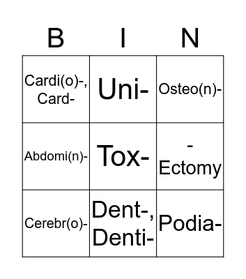 Prefixes & Suffixes Medical Terminology Bingo Card