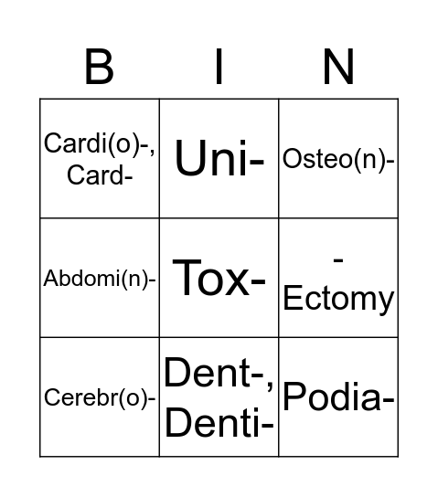 Prefixes & Suffixes Medical Terminology Bingo Card
