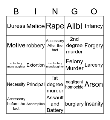 Law and Juvenile Justice Bingo Card