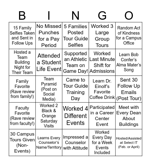 Tour Guide Bingo Card