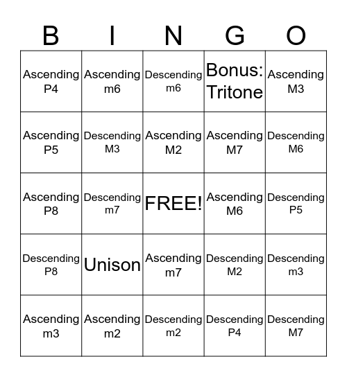 Intervals Bingo Card