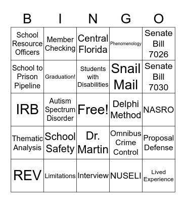 Bridges' Dissertation BINGO Card