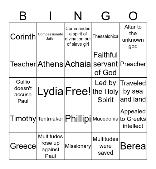 Paul's Journeys Through Greece Bingo Card