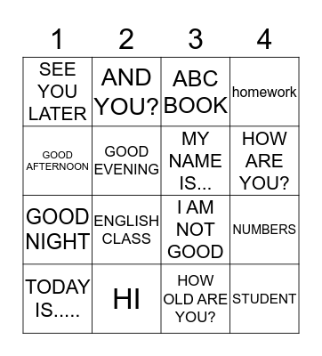 ENGLISH BINGO Card