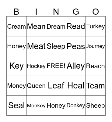 Long E Words Bingo Card
