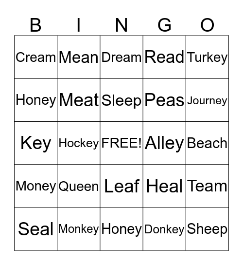 Long E Words Bingo Card