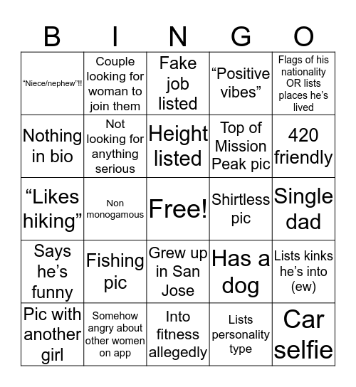 Bay Area Tinder Bingo Card