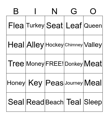 Long E Words Bingo Card