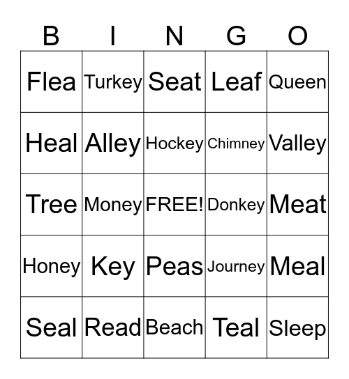 Long E Words Bingo Card