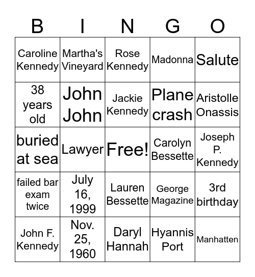 John F. Kennedy Jr. Bingo Card