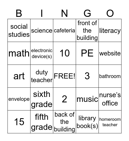 Welcome to 5th Grade at Lakeside Middle School! Bingo Card
