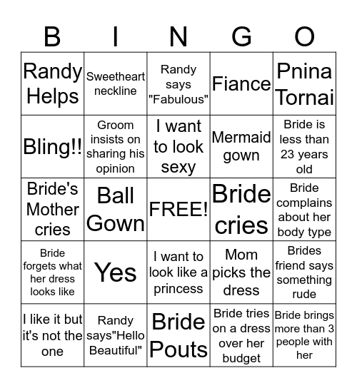 Bride Day Bingo Card