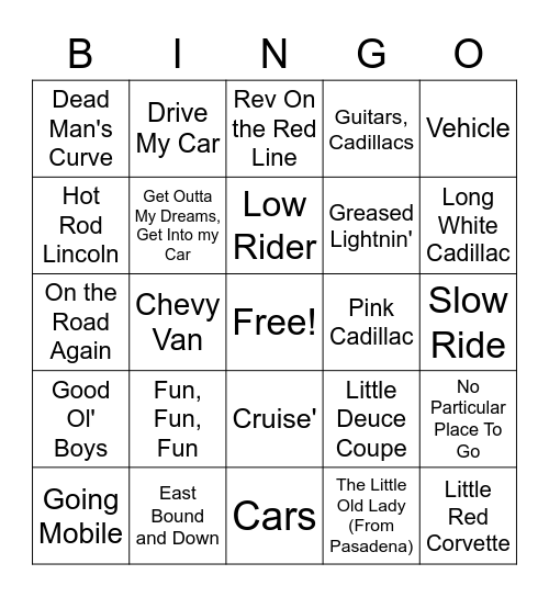 Driving Bingo Card