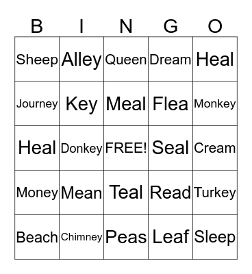 Long E Words Bingo Card