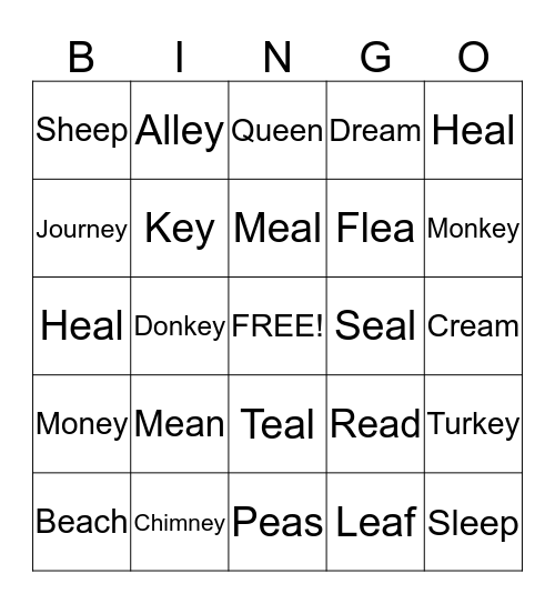 Long E Words Bingo Card