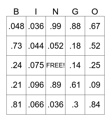 Fraction to Decimal BINGO Card