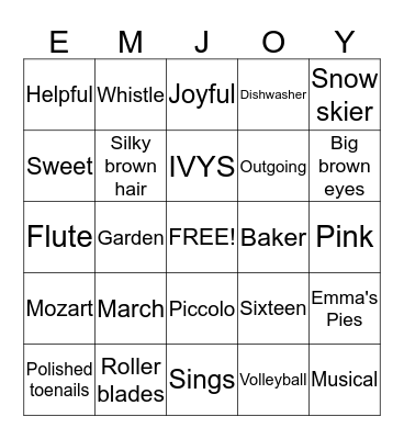 Emma's Sweet Sixteen Bingo Card